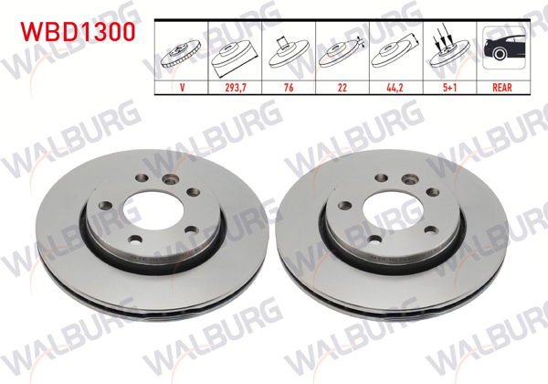 WALBURG WBD1300 | Fren Diski Arka Havalı 5 Bjn 293,7X22x76x44,2 VW Transporter V 1.9 TDI-2.0 TDI-2.4-2.5 TDI 03-15 / Transporter VI 2.0 TDI 15-/ Transporter VII 2.0 TDI 19-/ Multıvan V 03-15 | 2 Adet