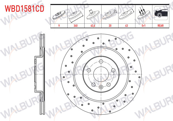 WALBURG WBD1581CD | Fren Diski Arka Havalı Kaplamalı Performans Delikli 5 Bjn 340X20x63,6X43 18 Jant Volvo Xc90 II 2.0 T8 Hybrıd 2015-| 2 Adet
