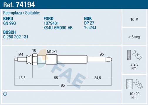 FAE 74194 | Kızdırma Bujisi Fiesta IV-Focus-Focus II-Connect-Cmax-Smax-Galaxy-Mondeo 1.8 TDCI / 1.8 D