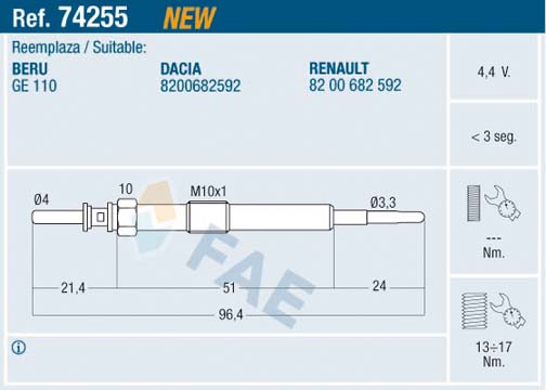FAE 74255 | Kızdırma Bujisi Renault Megane III 09 > Fluence 09 > Clio IV 12 > Dacia Duster 10 > Mercedes Om607 W176 W246 C117 X156 W415. Nissan Juke 10 > Qashqai 06 > 13 1.5 DCI K9k