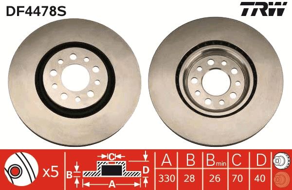 TRW DF4478S | Ön Fren Aynası Alfa Romeo 159 08 > 12 Giulietta 10 > 18 Jeep Cherokee 14 > 330X28x40