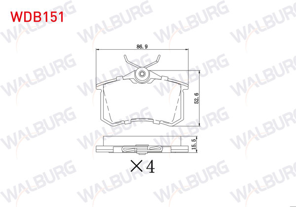 WALBURG WDB151 | Fren Balata Arka 15,5mm Golf IV-V-VI / Jetta V-VI / Polo III-IV-V-VI / Caddy III / Clio III / Megane III-IV / 207 / 208 / 307 / 308 / Partner / C3 II-III / C4 II / A3 II / A4 II-III / A6 II / Leon II-III / Ibiza III-IV / Crossland