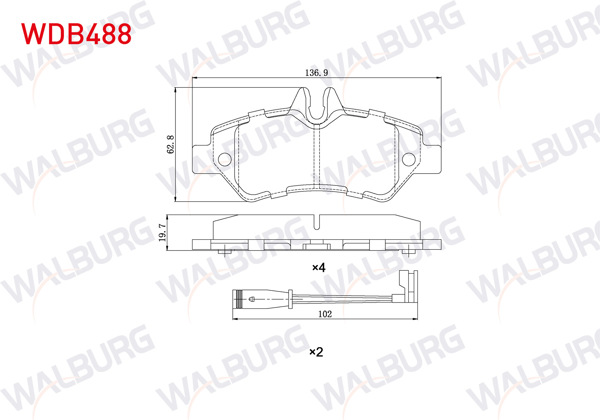WALBURG WDB488 | Fren Balata Arka Fişli Mercedes Sprinter 3,5T (906) 316 CDI 2006-2009 / 313 CDI 2006-2009 / 315 CDI 2006-2009 / VW Crafter 30-35 2.5 TDI 2006-2016 / Crafter 30-35 2.0 TDI 2006-2016 /