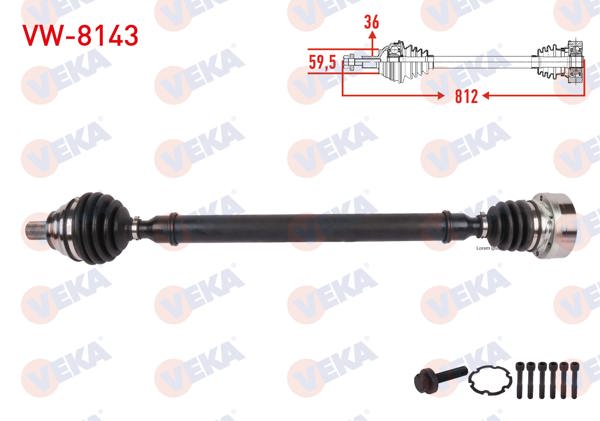 VEKA VW-8143 | Komple Aks Sağ On Uzunluk 812mm VW Jetta IV 1.2 TSI 6Mt 14-17 / Golf VI 1.6 TDI A-T / M-T 08-13 / 1.2 TSI M-T 12-/ Passat 1.6 TDI A-T / M-T 05-/ A3 1.2 TFSI M-T 12-/ Leon 1.2 TSI M-T 12-/ Octavia 1.2 TSI M-T 12 -
