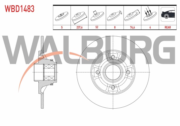 WALBURG WBD1483 | Fren Diski Arka Düz Poryalı Rulmanlı ABS Halkalı 4 Bjn 237,6X8x52x74,6 Renault Clio II 1.2İ 16V-1.4İ 16V-1.5 DCI-1.6İ 98-05 / Clio Symbol 1.5 DCI 98-05 / Megane I 1.4İ 16V-1.6İ 16V 96-03 | 2 Adet