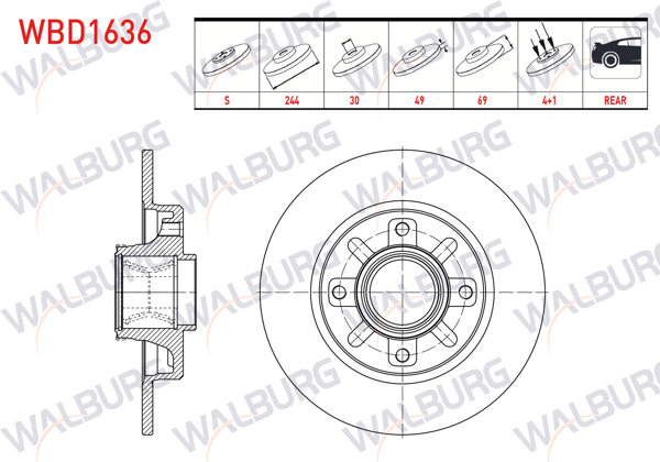 WALBURG WBD1636 | Fren Diski Arka Düz Rulmanlı Poryalı 4 Bjn Manyetık ABS Okuyuculu 244X9x30x69 Citroen C3 Aircross II 17-/ C3 17-/ C4 Cactus 14-/ Opel Crossland 17-/ Peugeot 208 18-/ 2008 18-| 2 Adet