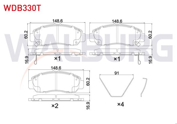 WALBURG WDB330T | Fren Balata Ön Ikazlı Telli Honda Civic VIII 1.6-1.8 2005-2012 / Civic Ix 1.4İ-1.6İ-1.8İ 2012-2016