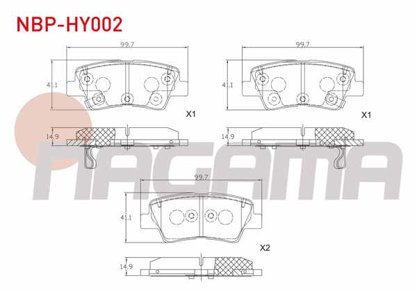 NAGAMA NBP-HY002 | Fren Balata Arka Tel Delikli Hyundai Accent Blue 1.4-1.6 CRDI 2012-/ Elantra 1.6 CRDI-1.6 D-Cvvt 2015-/ i30 1.6 CRDI 2016-/ Kia Rio III 1.4 CRDI 2011-2014 / Ssangyong Tıvolı 1.6, 1.6 Xdı 2015 -