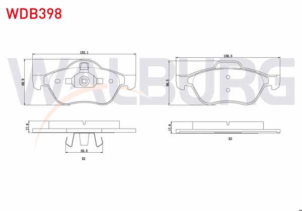 WALBURG WDB398 | Fren Balata Ön Renault Laguna II (Bg0 / 1) 1.6İ 16V 15 Jant 2001-2007 / Laguna II 1.9 DCI 15 Jant 2001-2007 / Laguna III 1.5 DCI 2007-/ Laguna III 1.6İ 16V 2007-/ Laguna II 1.8İ 16V 2001-2007
