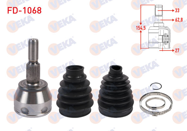 VEKA FD-1068 | Aks Kafası Sol-Sağ On Dıs 33X27x62,8 Uzunluk 154,5mm Çift Koruklu Ford Tourneo Connect (V408) 1.6 TDCI Dv6 M-T 2015-/ Transit Connect 1.6 TDCI Dv6 M-T 2015 -