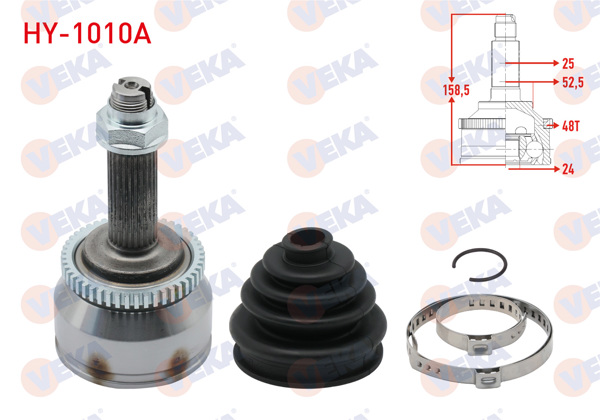 VEKA HY-1010A | Aks Kafası Sol-Sağ On Dıs ABS li 48 Dıs 25X24x52,5 Uzunluk 158,5mm Hyundai Accent Blue 1.6 CRDI 2012-/ i20 1.4 CRDI-1.6 CRDI 2008-2012