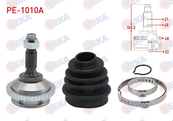 VEKA PE-1010A | Aks Kafası Sol-Sağ On Dıs Peugeot 206 (2A / C) 1.6İ 16V ABS li 48 Dıs Dıstan Segmanlı 21X22x48 Uzunluk 140,5 mm 1998-2006