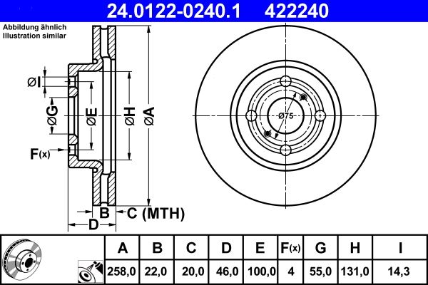 ATE 24.0122-0240.1 | Fren Diski Ön Yaris 05 > 11 Charade 11 > Fransız Havalı 258mm | 2 Adet