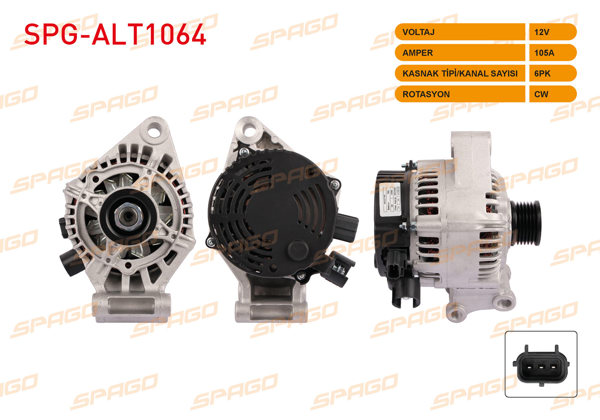 SPAGO SPG-ALT1064 | Alternatör 12V 105A 6Pk (Alt478) Focus I II-Fiesta 01-08-Fusion 02-12-C-Max 03-10 (Benzinli Araclar İçin)
