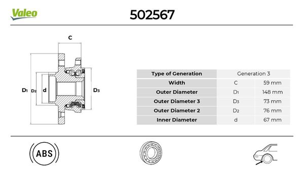 VALEO 502567 | Arka Sol Sağ Teker Rulmanı (Poryası) Hyundai Ix35 1.6 2010-> 2.0 CRDI 2012-> Kia Sportage 1.6 GDI 20