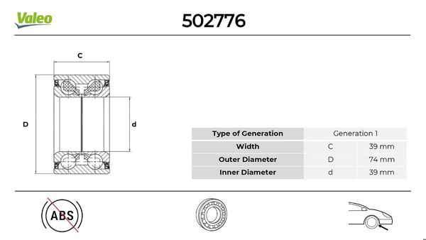 VALEO 502776 | Ön Teker Rulmanı Connect 1.8 TDCI 02 > 13 (- ABS) Abssız Astra F Vectra B Ölçü: (39 X 74 X 39)