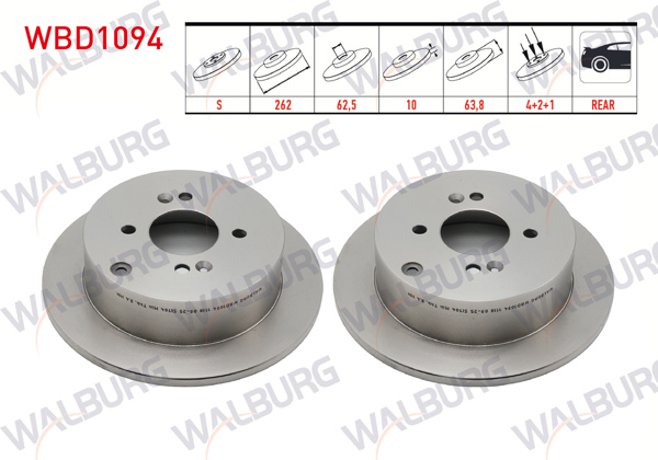 WALBURG WBD1094 | Fren Diski Arka Düz 4 Bjn 262X10x62,5X64,5 Hyundai Accent Era 1.4İ 16V-1.5 CRDI-1.6 Cvvt 2006-2012 / i20 1.2 D-Cvvt-1.4 Cvvt-1.4 CRDI 2008-2015 / Kia Rio II 1.4İ 16V-1.5 CRDI 2006-2011 | 2 Adet