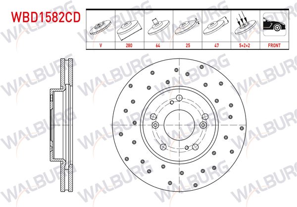 WALBURG WBD1582CD | Fren Diski Ön Havalı Kaplamalı Performans Delikli 5 Bjn 280X25x64x47 Honda Civic Ix 1.4İ-1.6 D 2012-2016 | 2 Adet