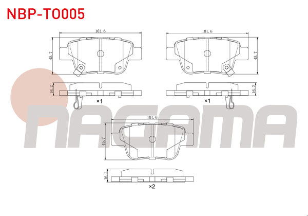 NAGAMA NBP-TO005 | Fren Balata Arka Ikazlı Toyota Avensis (T25) 1.6 Vvt-I 2003-2008 / Toyota Avensis (T25) 1.8 2003-2008 / Toyota Verso (_Aur2_, _Zgr2_) 2.0 D-4D 2009-/ Toyota Avensis (T25) 2.0 D-4D 2003-2008