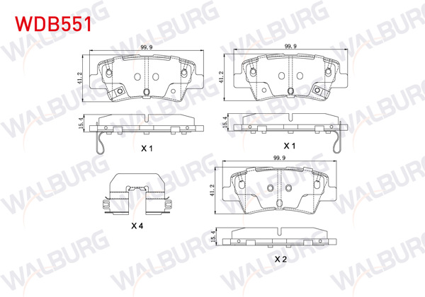 WALBURG WDB551 | Fren Balata Arka Tel Delikli Hyundai Accent Blue 1.4-1.6 CRDI 2012-/ Elantra 1.6 CRDI-1.6 D-Cvvt 2015-/ i30 1.6 CRDI 2016-/ Kia Rio III 1.4 CRDI 2011-2014 / Ssangyong Tıvolı 1.6, 1.6 Xdı 2015 -