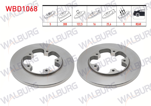 WALBURG WBD1068 | Fren Diski Arka Düz 5 Bjn 308X16x122,5X25,6 Ford Transit (V363) 2.2 TDCI Tek Teker 2014-| 2 Adet