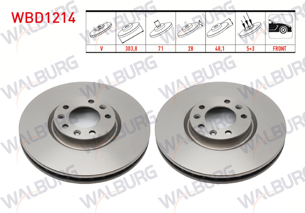 WALBURG WBD1214 | Fren Diski Ön Havalı 5 Bjn 17-18 Jant 303,8X28x71x48 Peugeot 308 13-/ 3008 16-/ 508 18-/ 5008 16-/ Partner 18-/ Rifter 18-/ Citroen C4 13-/ C5 18-/ Berlingo 16-/ Opel Grandland 17-/ Combo 18-/ Toyota Proace 19-| 2 Adet