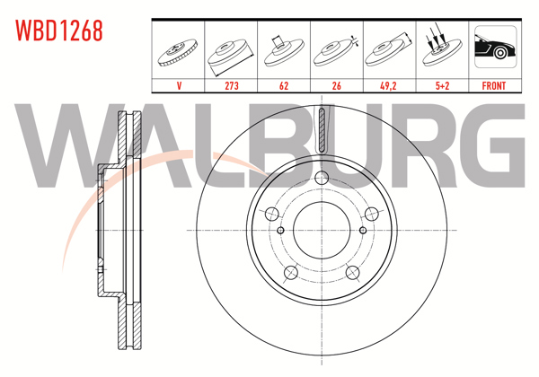 WALBURG WBD1268 | Fren Diski Ön Havalı 5 Bjn 273X26x62x49,2 Toyota Corolla 1.4 D-4D 2007-2012 / Corolla 1.33 2007-2012 / Corolla 1.6 Vvt-I 2007-2012 / Auris 1.33 Dual-Vvt-I-1.6 Vvt-I 2007-2012 / Auris 1.4 D-4D 2007-2012 | 2 Adet
