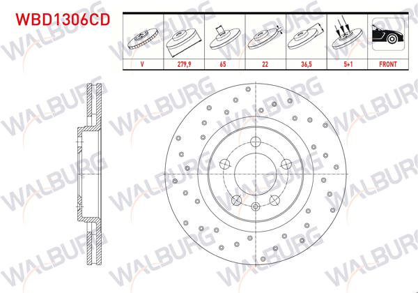 WALBURG WBD1306CD | Fren Diski Ön Havalı Kaplamalı Performans Delikli 5 Bjn 279,9X22x65x36,5 Golf IV 1.4İ 16V-1.6İ 16V 1997-2005 / Bora 1.4İ 16V-1.9 TDI 1998-2005 / A3 1.8-1.9 TDI 1996-2003 / Leon 1.4 16V-1.9 TDI 1999-2006 | 2 Adet