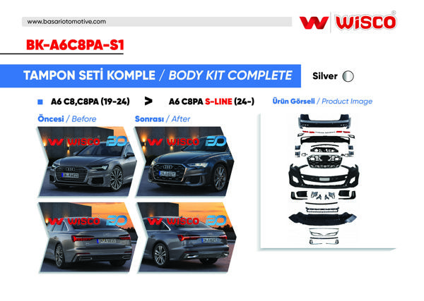 WISCO BK-A6C8PA-S1 | Tampon Seti Komple (On-Arka) Oem Sılver Audi A6 C8 S-Line 19-24 (19-24 Arası A6 Sedan İçin Uyumludur)