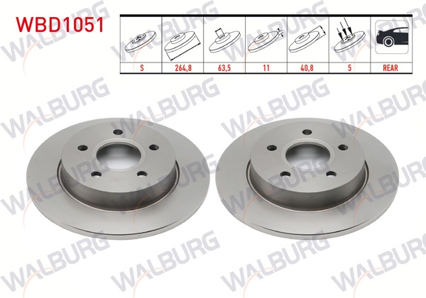 WALBURG WBD1051 | Fren Diski Arka Düz 5 Bjn 264,8X11x63,5X40,8 Ford Focus Iı1.4İ-1.6 TDCI-2004-2011 / Focus C-Max 1.6İ-1.8İ-1.6 TDCI-2003-2007 | 2 Adet