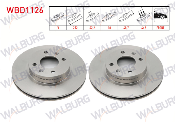 WALBURG WBD1126 | Fren Diski Ön Havalı 4 Bjn 252X18x62,2X48,7 Hyundai i10 (Ba) 1.2 D-Cvvt 14 Jant 2013-/ i10 (Pa) 1.1İ 12V 2008-2013 / i10 (Ba) 1.0 D-Cvvt 2013-/ Picanto (Ba) 1.25 2004-2011 | 2 Adet