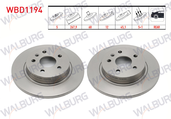 WALBURG WBD1194 | Fren Diski Arka Düz 5 Bjn 267,9X12x60x45,1 Opel Astra J 1.3 CDTI-1.6İ-1.4İ 2009-2016 / Mokka 1.4-1.6-1.7 CDTI 2012-/ Chevrolet Trax 1.4-1.6 2012-2014 / Cruze 2.0 CDI-1.6 15 Jant 2011-2014 | 2 Adet