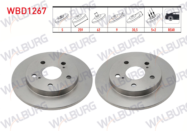 WALBURG WBD1267 | Fren Diski Arka Düz 5 Bjn 259X9x62x30,5 Toyota Corolla 1.4 Vvt-I-1.6 Vvt-I 2007-2012 / Corolla 1.6 2012-/ Corolla 1.33 2007-2012 / Auris 1.33 Dual-Vvt-I 2007-2012 / Auris 1.6 Vvt-I 2007-2012 | 2 Adet