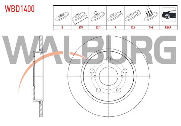 WALBURG WBD1400 | Fren Diski Arka Düz 5 Bjn 270X9x62,1X33,6 Toyota Corolla 1.8 Hybrıd 2019-| 2 Adet