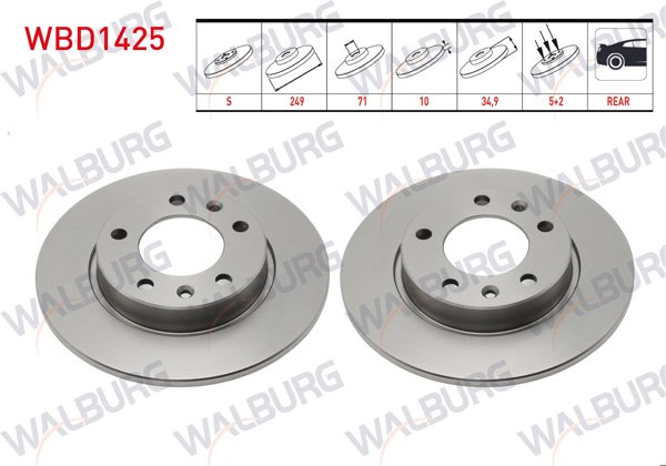 WALBURG WBD1425 | Fren Diski Arka Düz Peugeot 308 II 1.6 HDI-1.6 Thp-1.6 Gtı 5 Bjn 249X10x71x34,9 2014-| 2 Adet