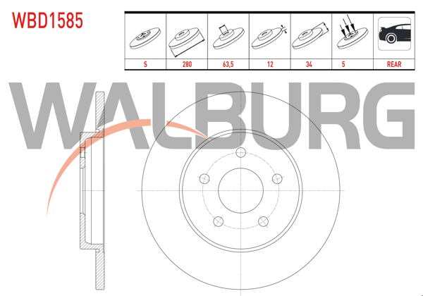 WALBURG WBD1585 | Fren Diski Arka Düz 5 Bjn 280X12x63,5X34 Ford Mondeo III 2.0İ 16V-2.0 TDCI 2000-2007 / Jaguar X-Type 2.0 D-2.1-2.2 D-2.5İ-3.0 2006-2009 | 2 Adet