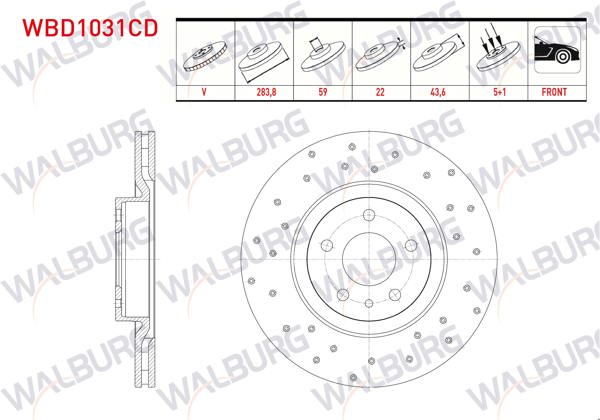 WALBURG WBD1031CD | Fren Diski Ön Havalı Kaplamalı Performans Delikli 5 Bjn 283,8X22x59x43,6 Fiat Doblo 1.3 Mjt-1.6 Mjt 2010-/ Fiorino 1.3 Mjt Euro 5 2013-/ Alfa Romeo 147 1.6 2001-2010 / Opel Combo D 1.6 CDTI 2012-| 2 Adet
