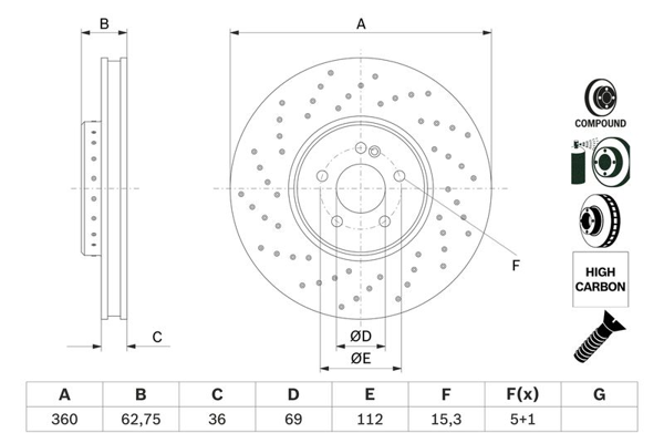 BOSCH 0986479H42 | M.Benz W205-213-253 Ön Fren Diski Delikli (Adet) A0004212312 | 2 Adet
